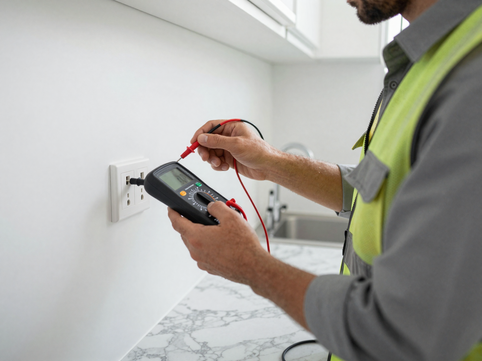 Close-up of electrician using multimeter to test wall outlet in modern kitchen
